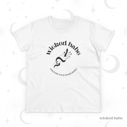 White short sleeve crewneck t-shirt with wicked babe hand with serpent logo in black on the front