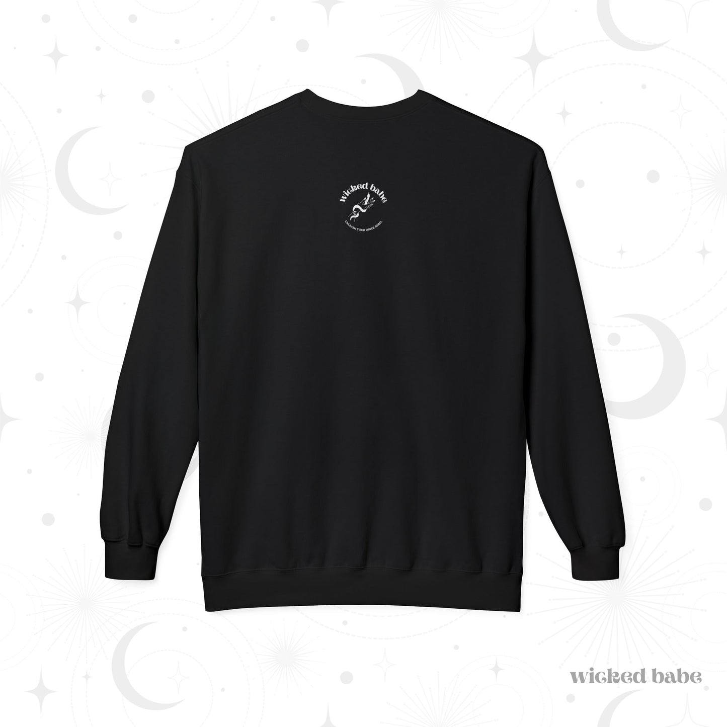The back of a black long sleeve crewneck sweatshirt with a small white wicked babe hand with serpent logo in the upper center