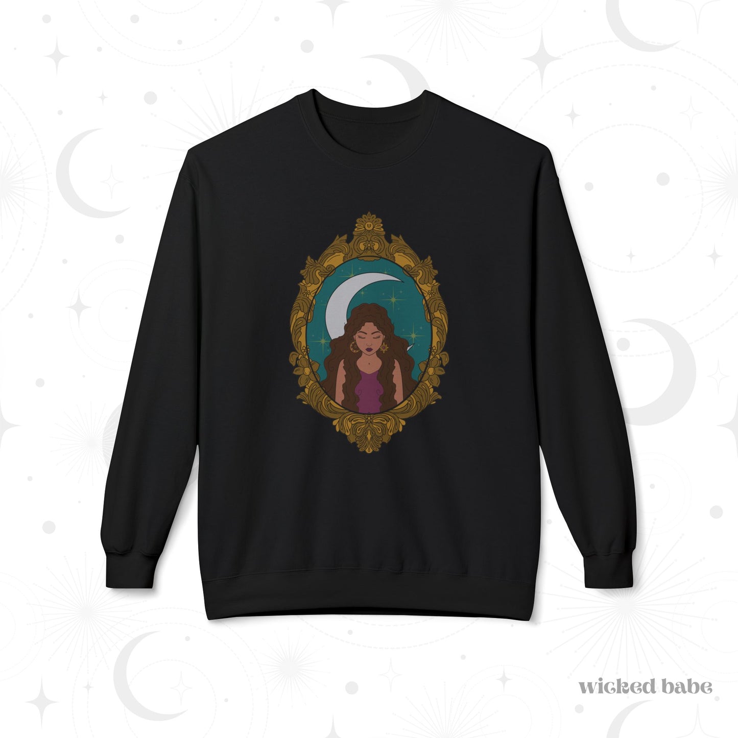 Black long sleeve crewneck sweatshirt with design of a tan skinned woman with brown wavy hair wearing purple in front of large crescent moon on a teal background surrounded by ornate gold frame