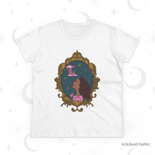 Moonlit Muse T-Shirt - Womens Celestial Graphic Tee, Semi-Fitted Cotton Shirt