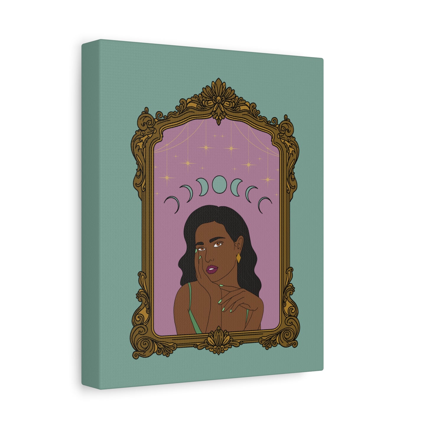 Side view of matte green canvas wall art with design of a dark skinned woman with black hair wearing green on a pink background with moon phases above surrounded by ornate gold frame