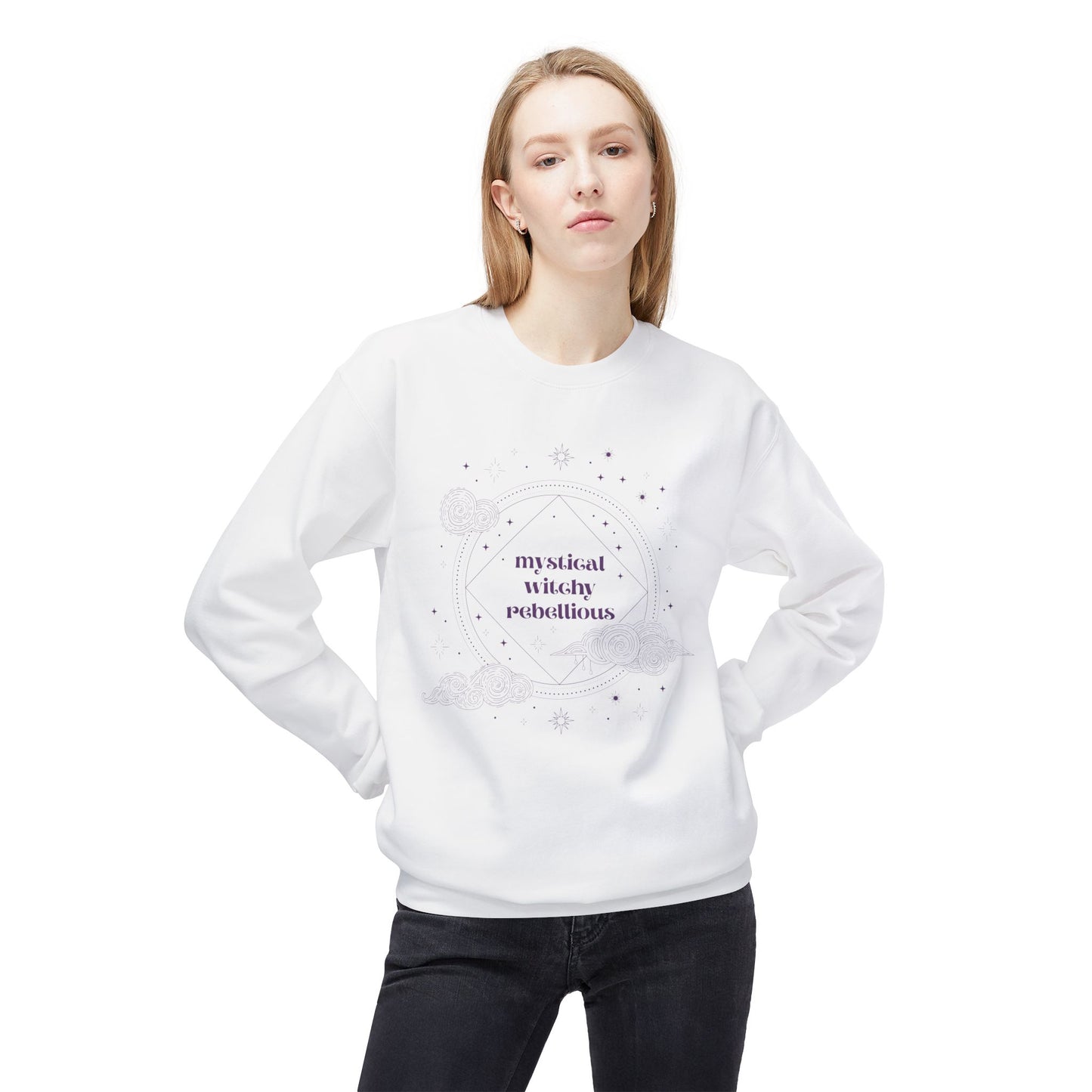 Woman wearing a white long sleeve crewneck sweatshirt with mystical witchy rebellious text in purple surrounded by clouds and stars