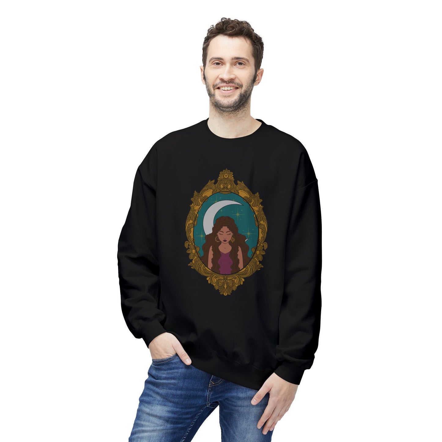 Man wearing a black long sleeve crewneck sweatshirt with design of a tan skinned woman with brown wavy hair wearing purple in front of large crescent moon on a teal background surrounded by ornate gold frame