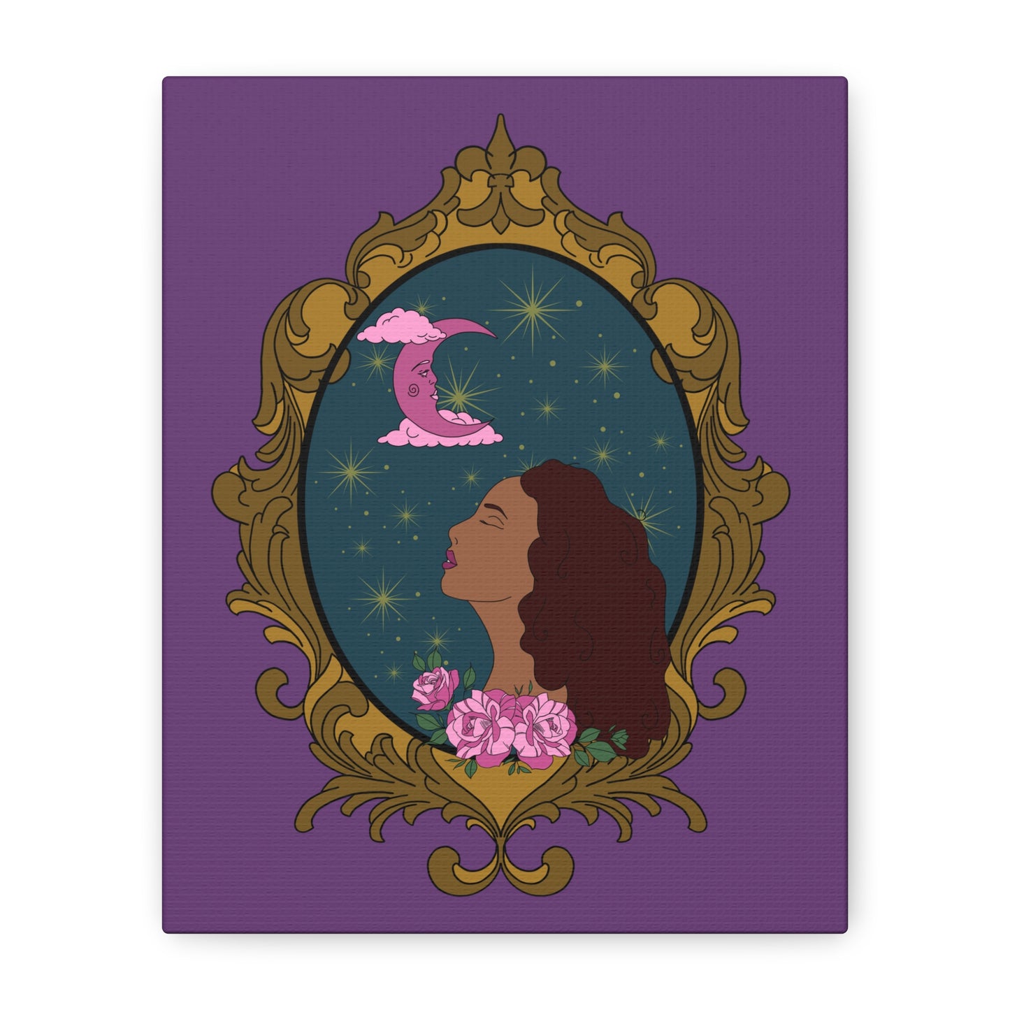 Front view of matte purple canvas wall art with design of a tan skinned woman with red brown wavy hair with pink flowers and a pink crescent moon above on a teal background surrounded by an ornate gold frame