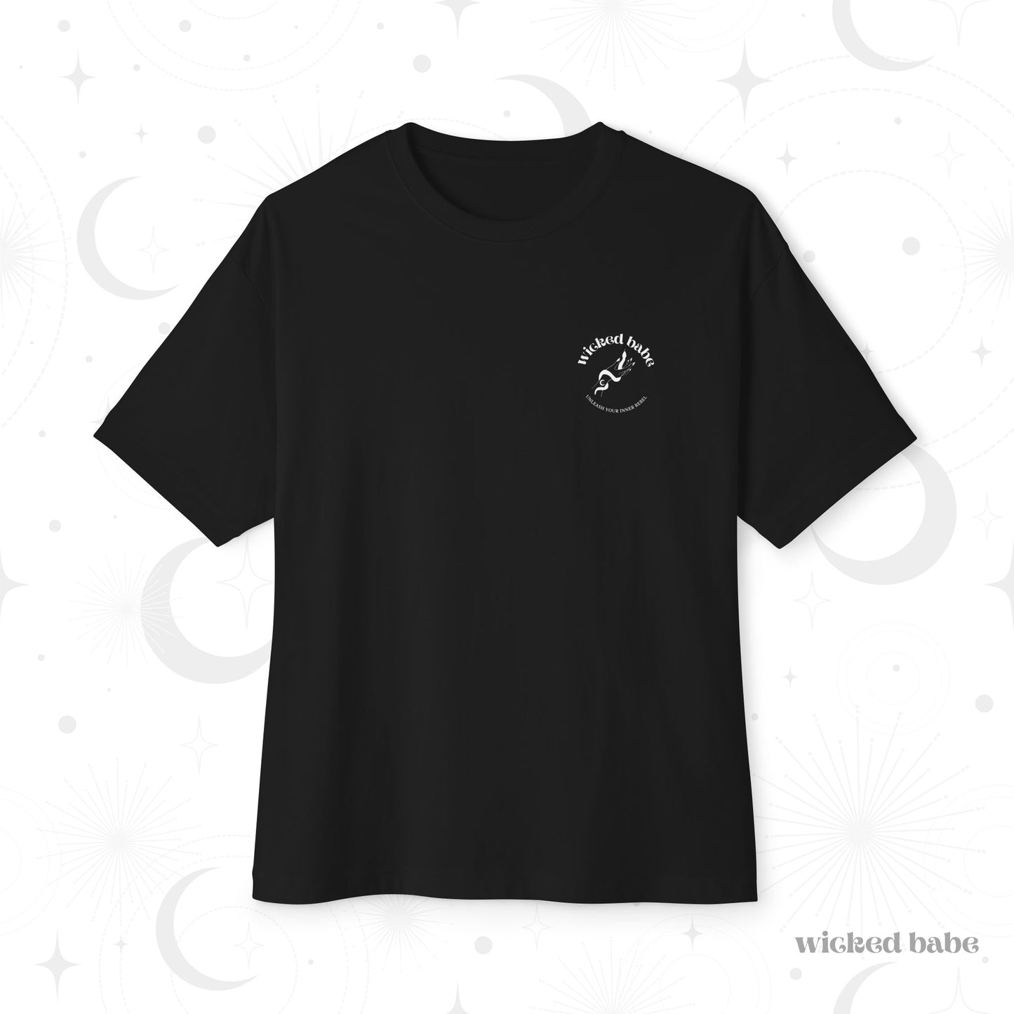 Oversized short sleeve black t-shirt with small white wicked babe hand with serpent logo in upper left pocket area
