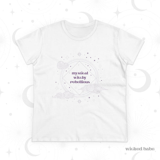 White short sleeve crewneck t-shirt with mystical witchy rebellious text in purple surrounded by clouds and stars