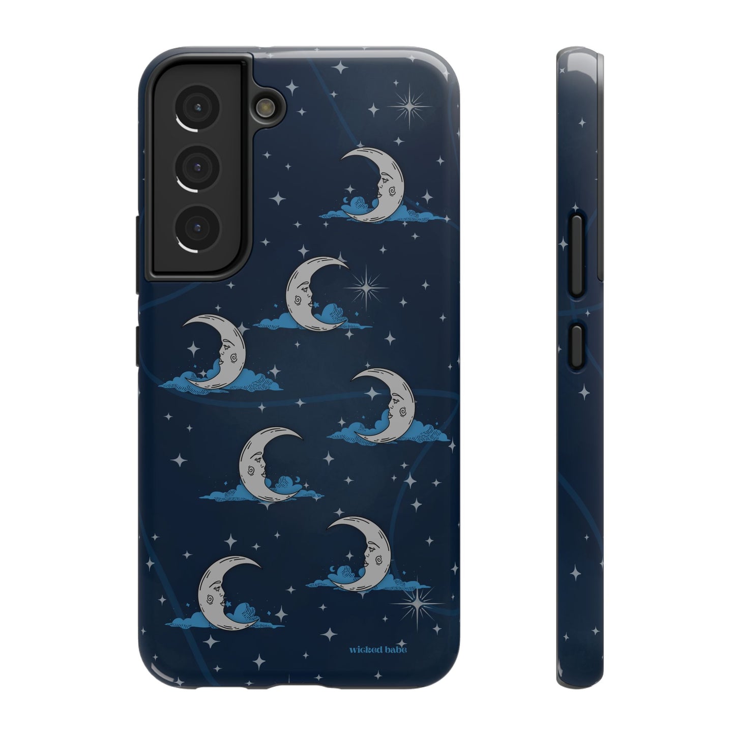 Whimsical Moonlit Sky Blue & Silver Phone Case - Celestial Moon and Stars iPhone Samsung
