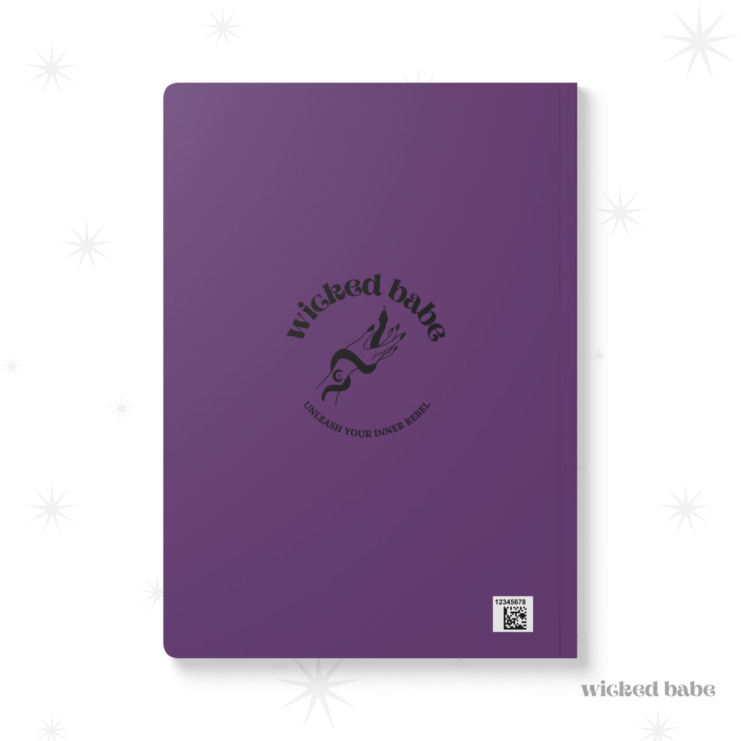 Back cover of purple softcover journal notebook with black wicked babe hand with serpent logo in the center
