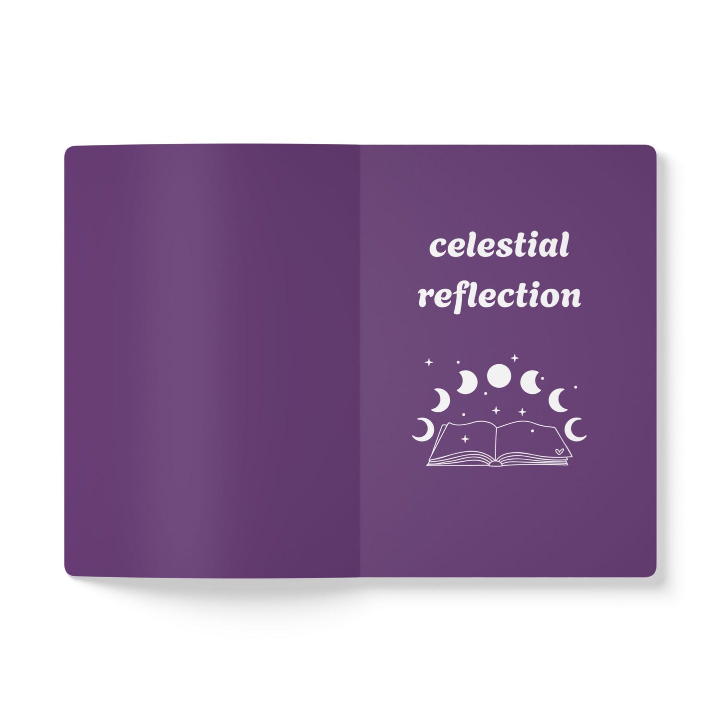 Inside first page of purple journal notebook with celestial reflection text in white and a book with moon phases graphic