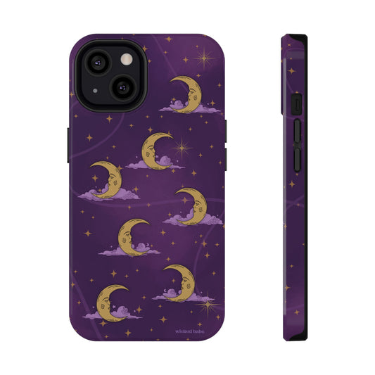 IPhone glossy phone case featuring purple celestial sky with gold crescent moon and stars