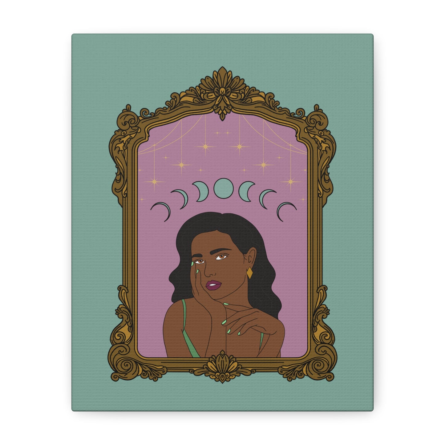 Front view of matte green canvas wall art with design of a dark skinned woman with black hair wearing green on a pink background with moon phases above surrounded by ornate gold frame