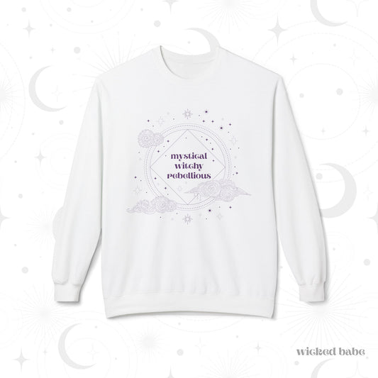 White long sleeve crewneck sweatshirt with mystical witchy rebellious text in purple surrounded by clouds and stars