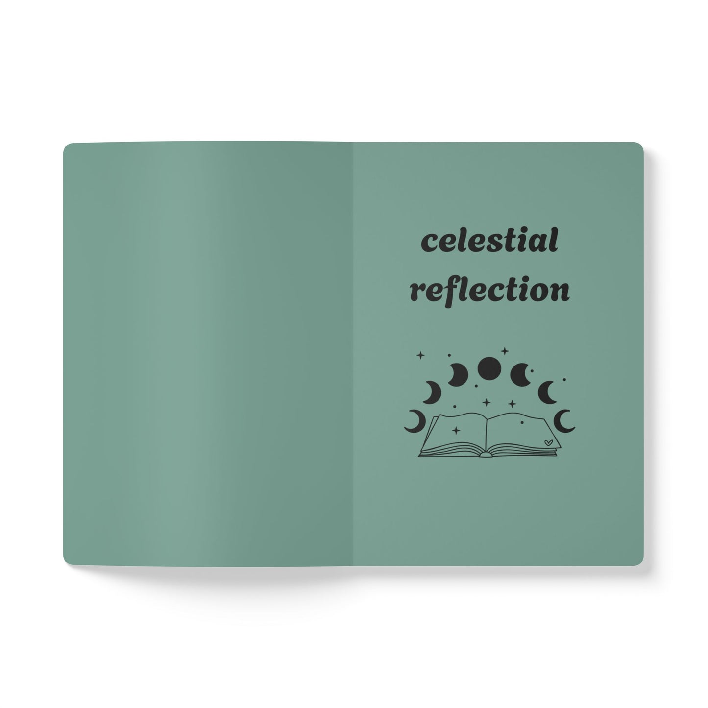 Inside first page of green journal notebook with celestial reflection text in black and a book with moon phases graphic
