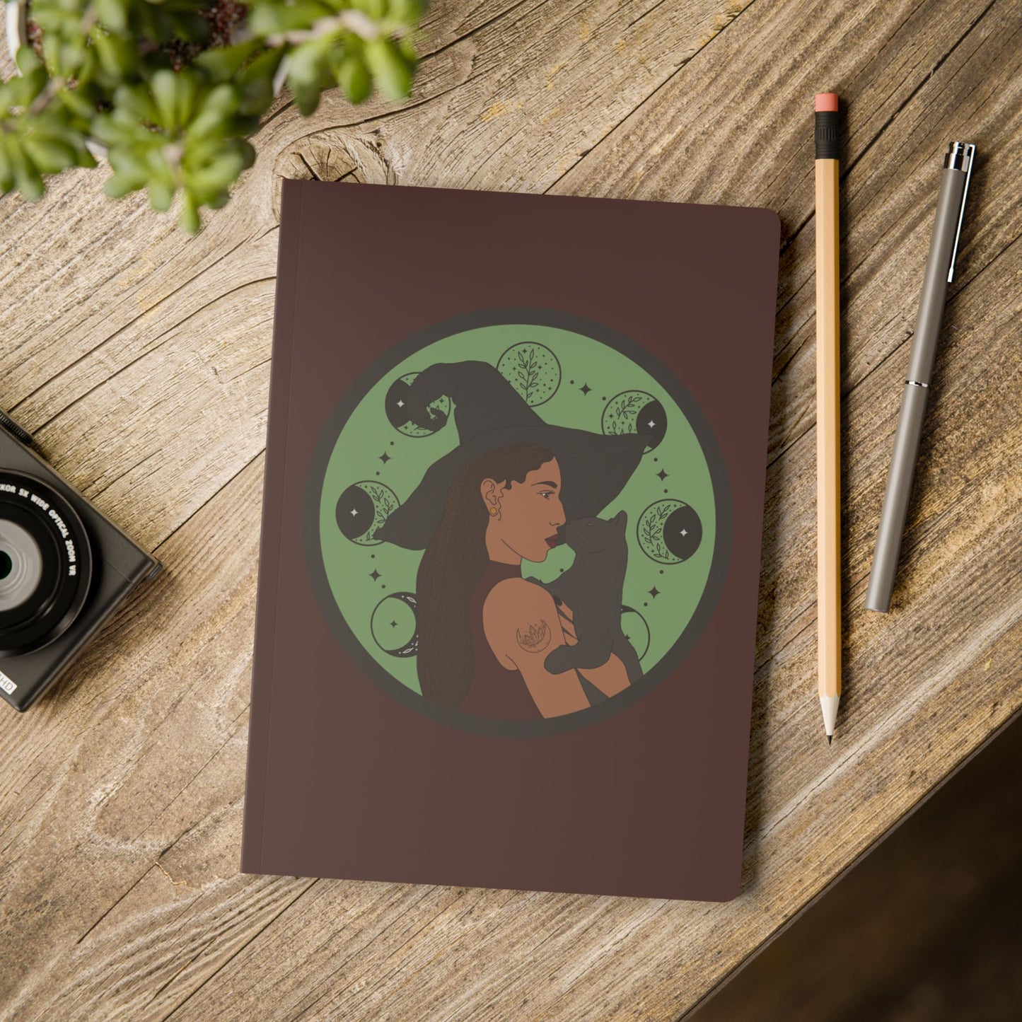 Witchy Woman Journal in Burgundy - Celestial Witch and Black Cat Notebook