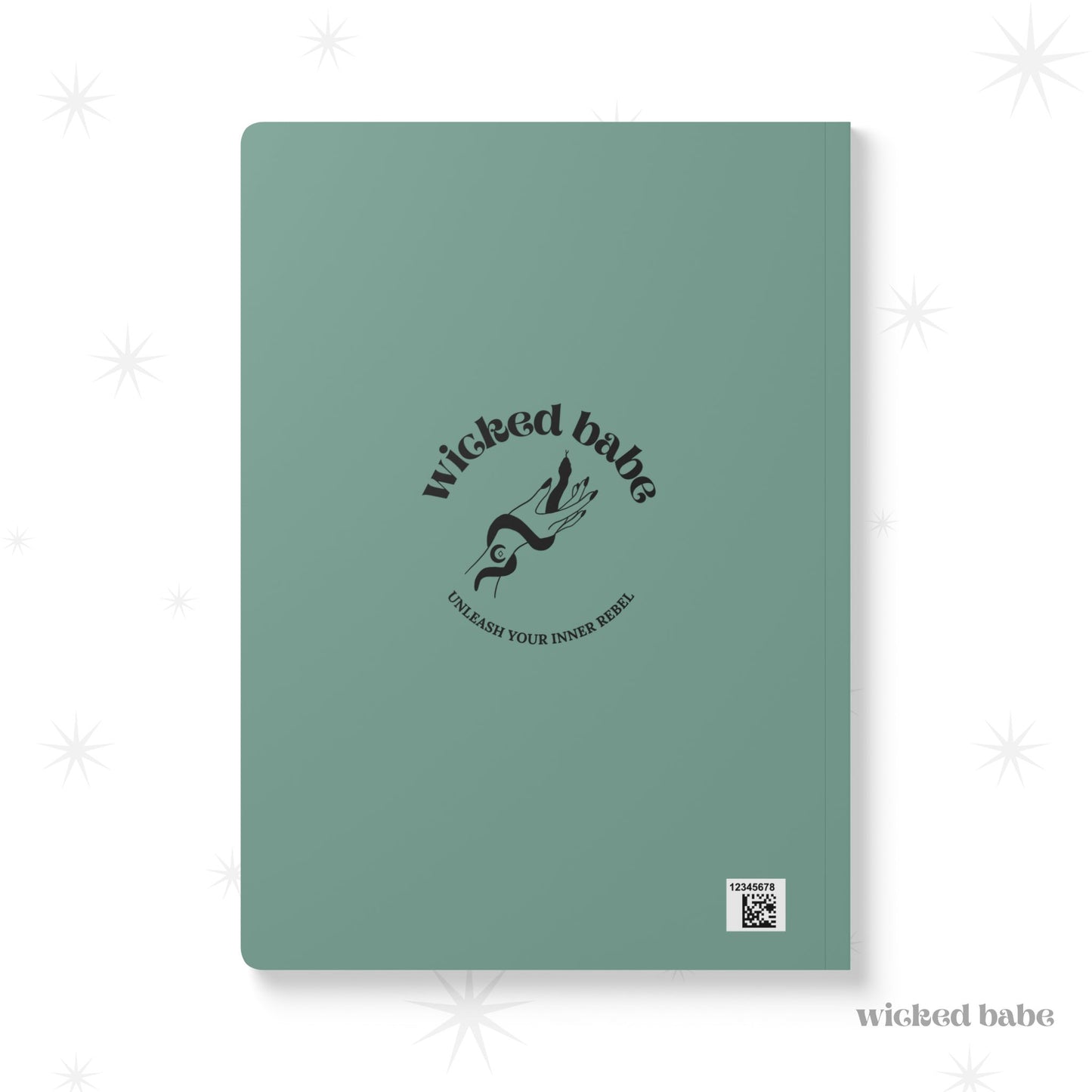 Back of green softcover journal notebook with black wicked babe hand with serpent logo in the center