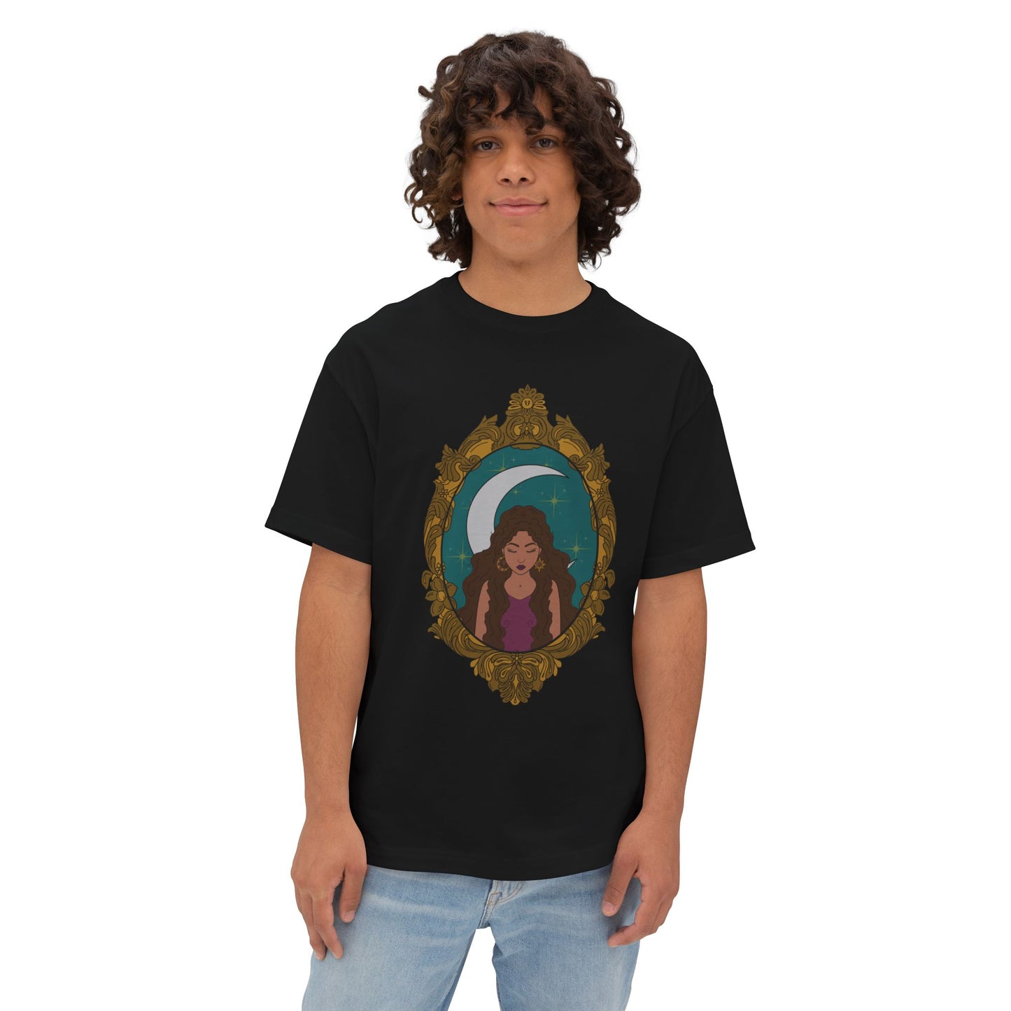 Man wearing an oversized short sleeve black t-shirt with a design of a tan skinned woman with brown wavy hair wearing purple in front of large crescent moon on a teal background surrounded by ornate gold frame