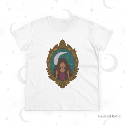 Mystical Moon Goddess T-Shirt - Womens Celestial Graphic Tee, Semi-Fitted Cotton Shirt