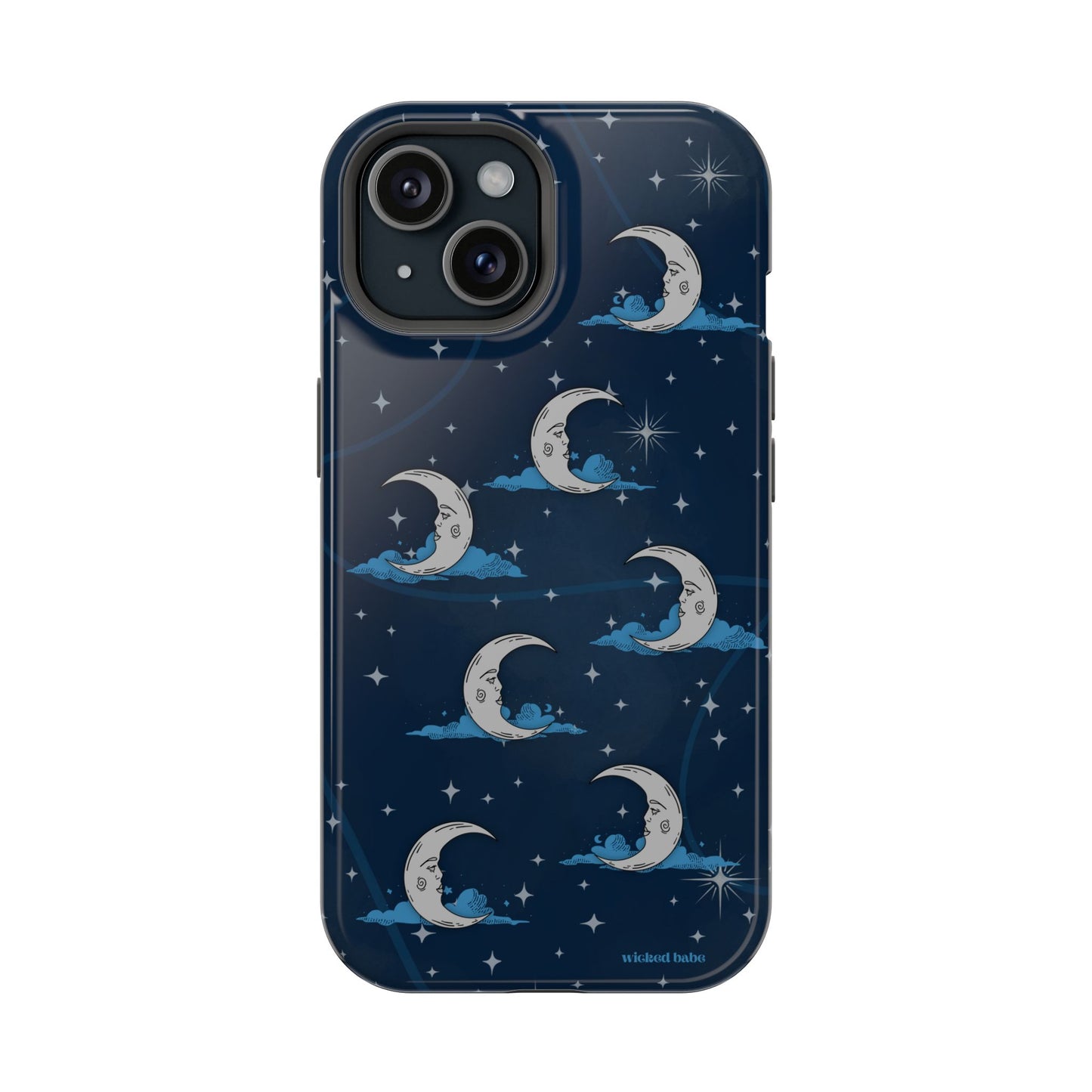 Whimsical Moonlit Sky Blue & Silver Phone Case - Celestial Moon and Stars iPhone Samsung