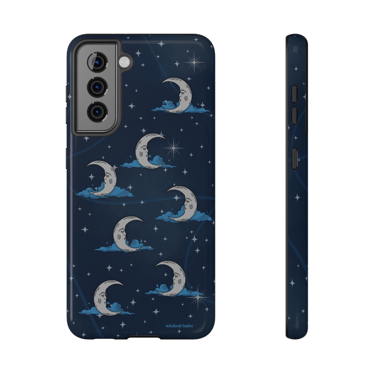 Whimsical Moonlit Sky Blue & Silver Phone Case - Celestial Moon and Stars iPhone Samsung