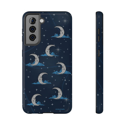 Whimsical Moonlit Sky Blue & Silver Phone Case - Celestial Moon and Stars iPhone Samsung