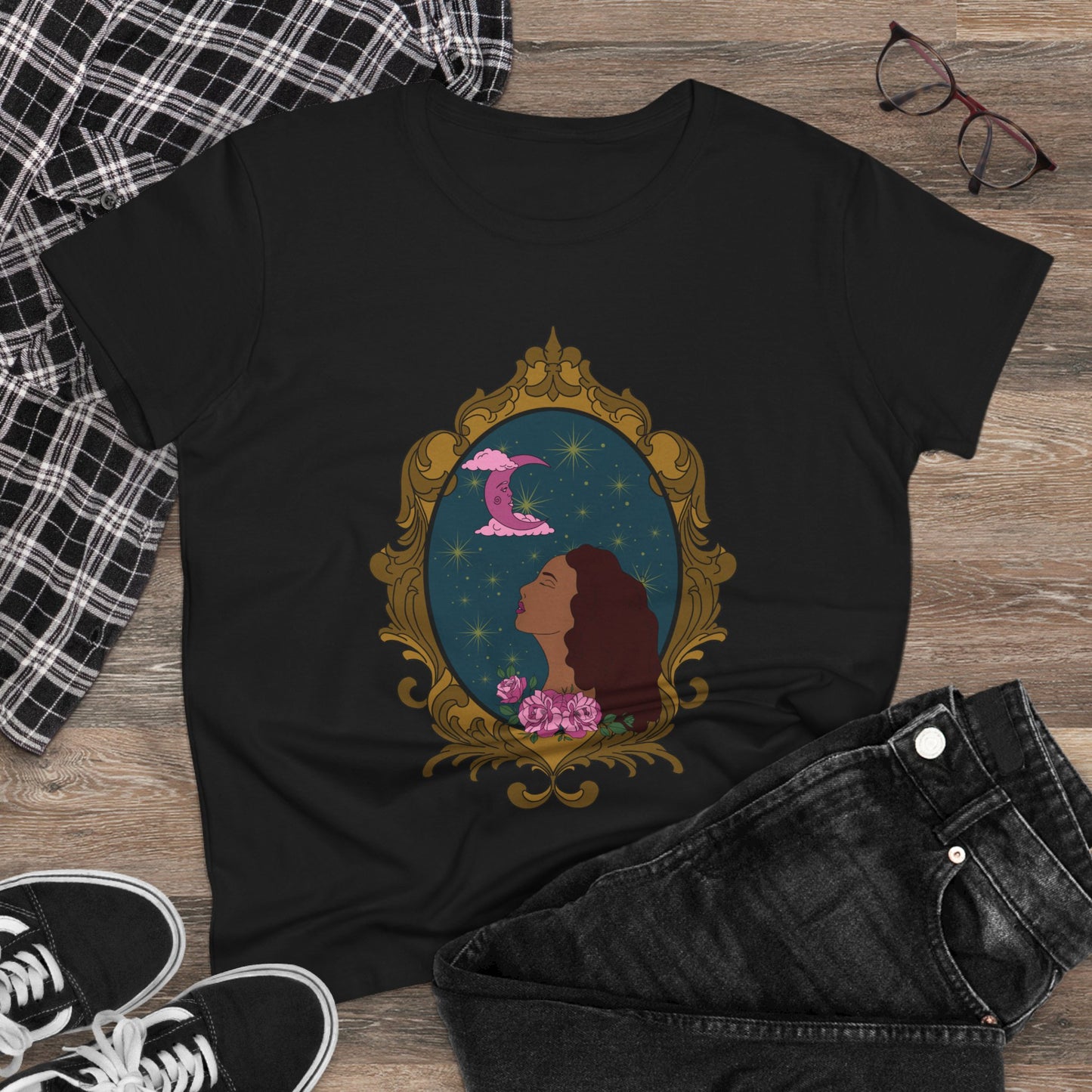 Moonlit Muse T-Shirt - Womens Celestial Graphic Tee, Semi-Fitted Cotton Shirt