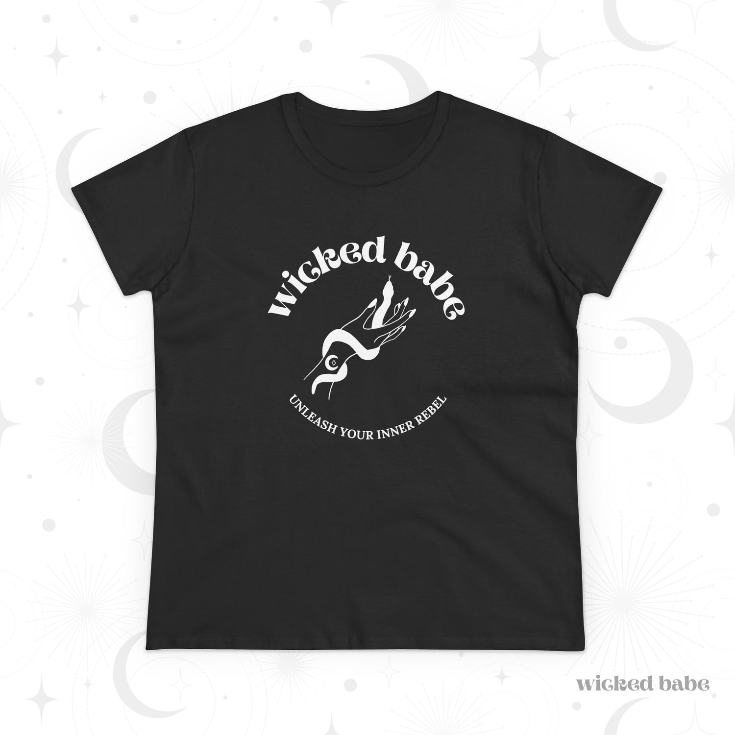 Black short sleeve crewneck t-shirt with wicked babe hand with serpent logo in white on the front