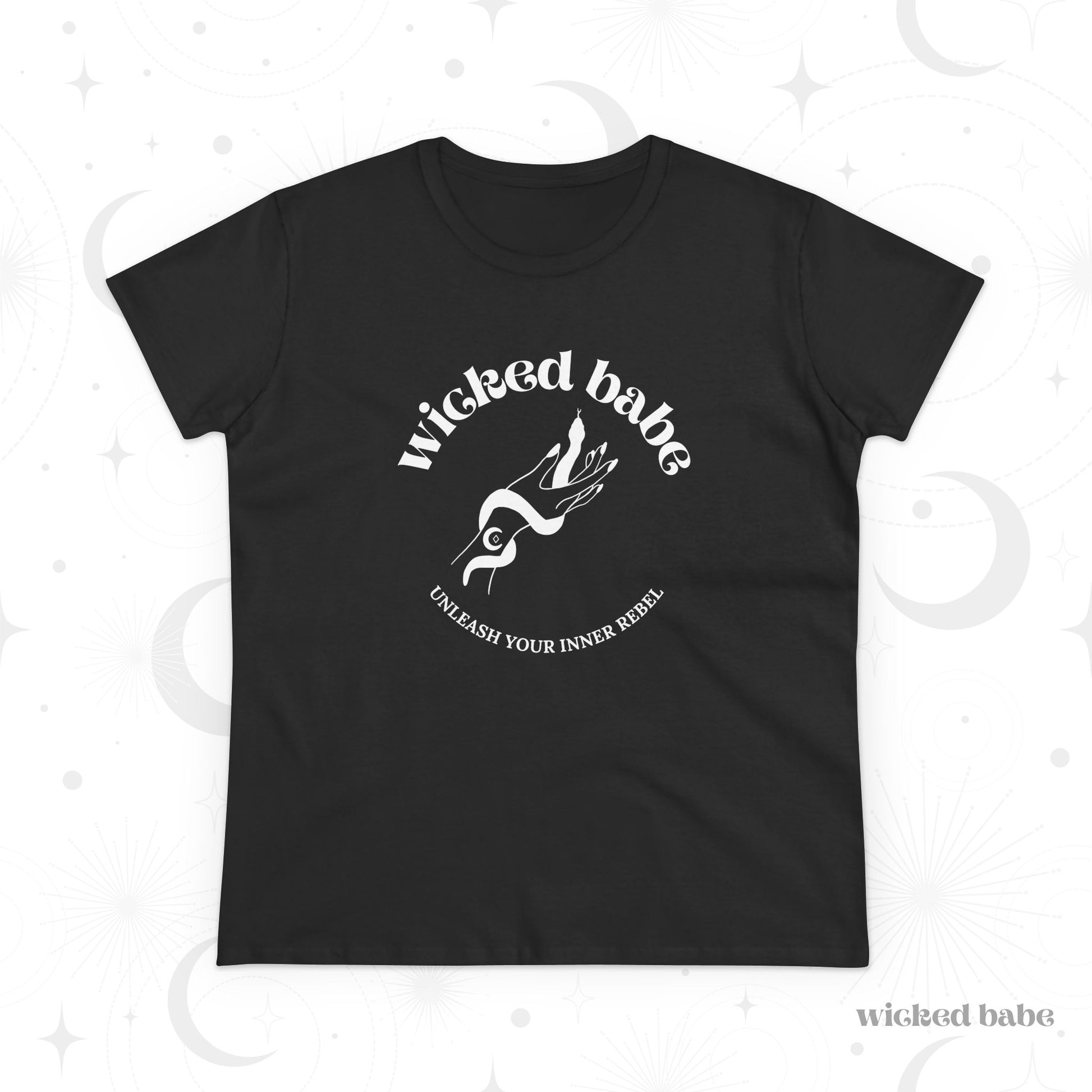 Black short sleeve crewneck t-shirt with wicked babe hand with serpent logo in white on the front
