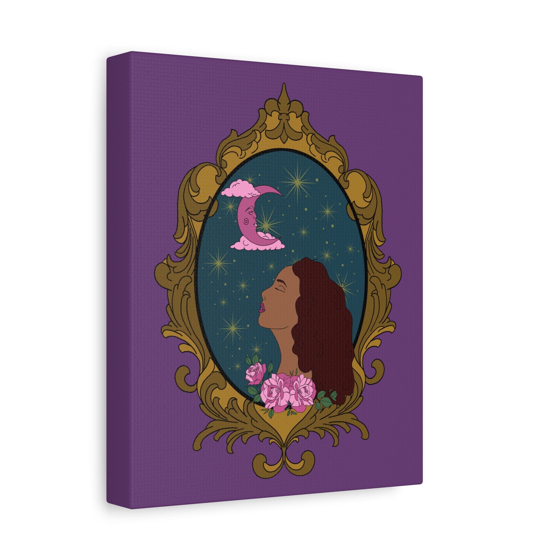 Side view of matte purple canvas wall art with design of a tan skinned woman with red brown wavy hair with pink flowers and a pink crescent moon above on a teal background surrounded by an ornate gold frame