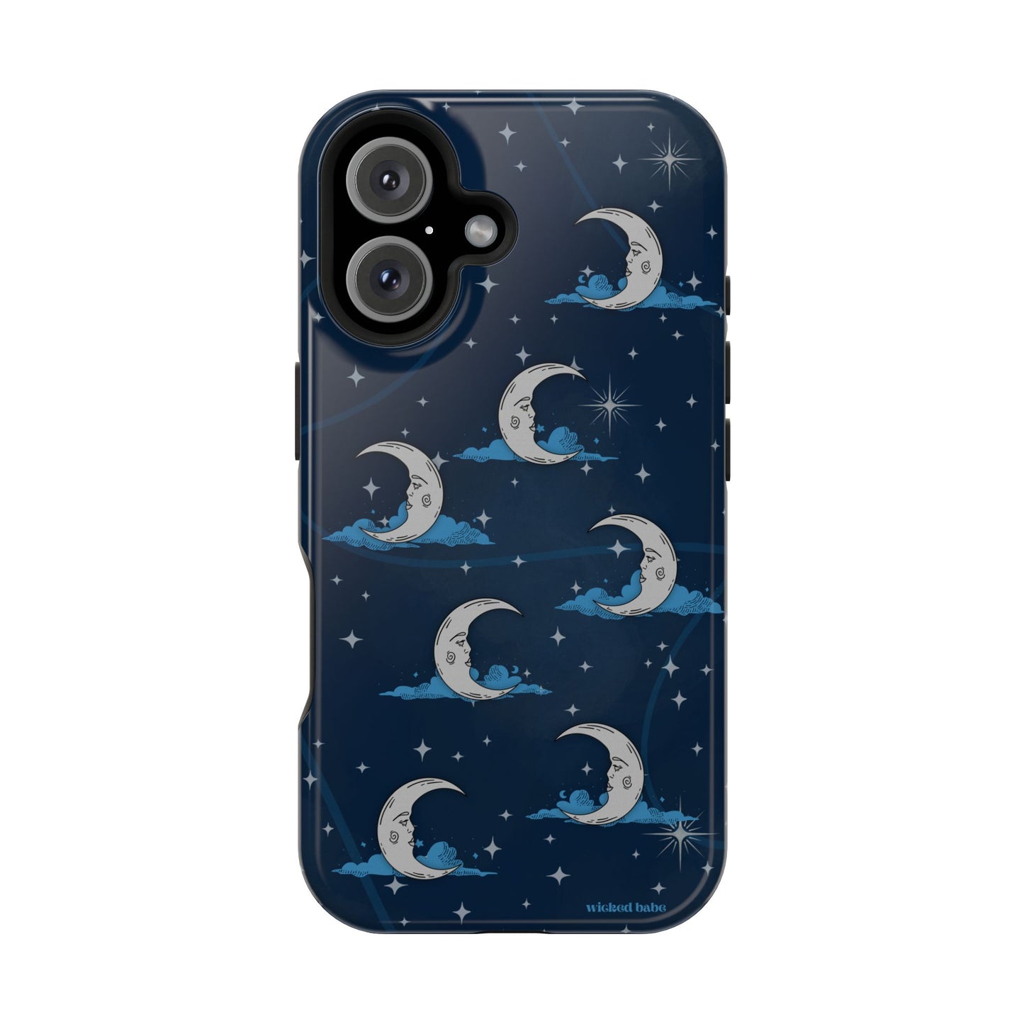 Whimsical Moonlit Sky Blue & Silver Phone Case - Celestial Moon and Stars iPhone Samsung