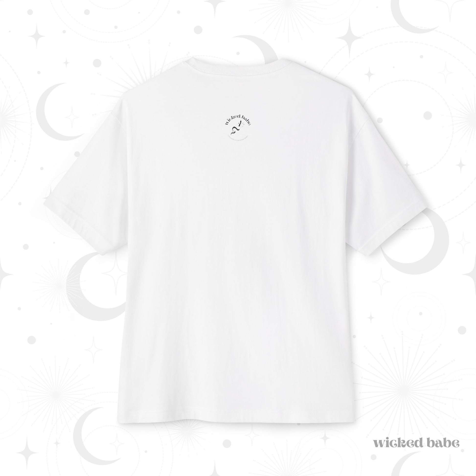 The back of an oversized short sleeve white t-shirt with the wicked babe hand with serpent logo in black in the upper center
