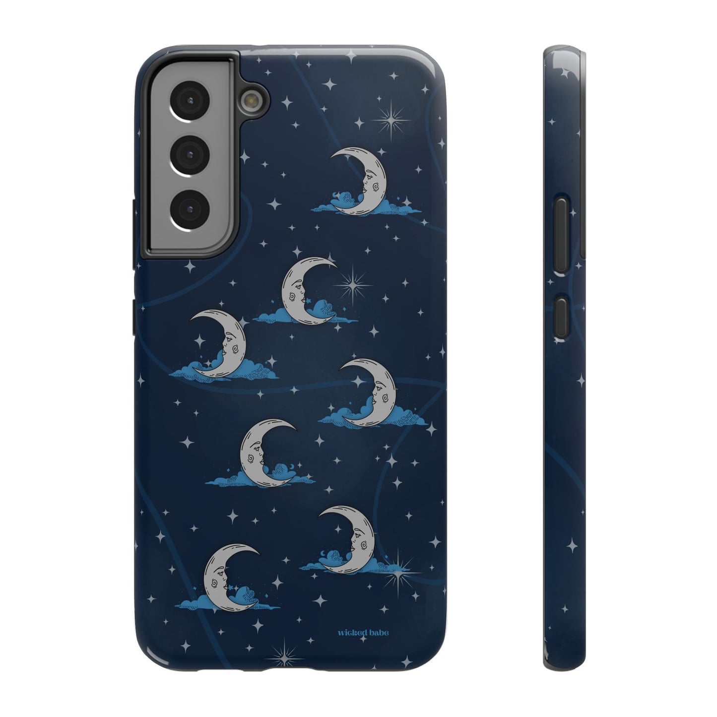 Whimsical Moonlit Sky Blue & Silver Phone Case - Celestial Moon and Stars iPhone Samsung