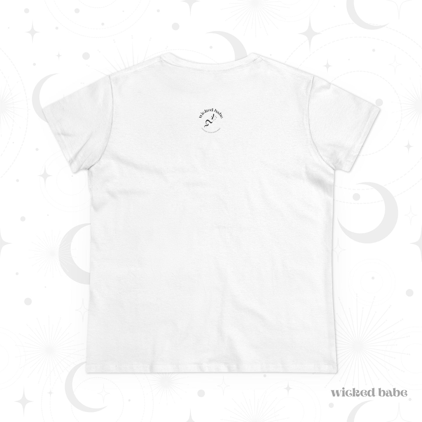 The back of a white crewneck short sleeve t-shirt with the wicked babe logo in black on the upper neck area
