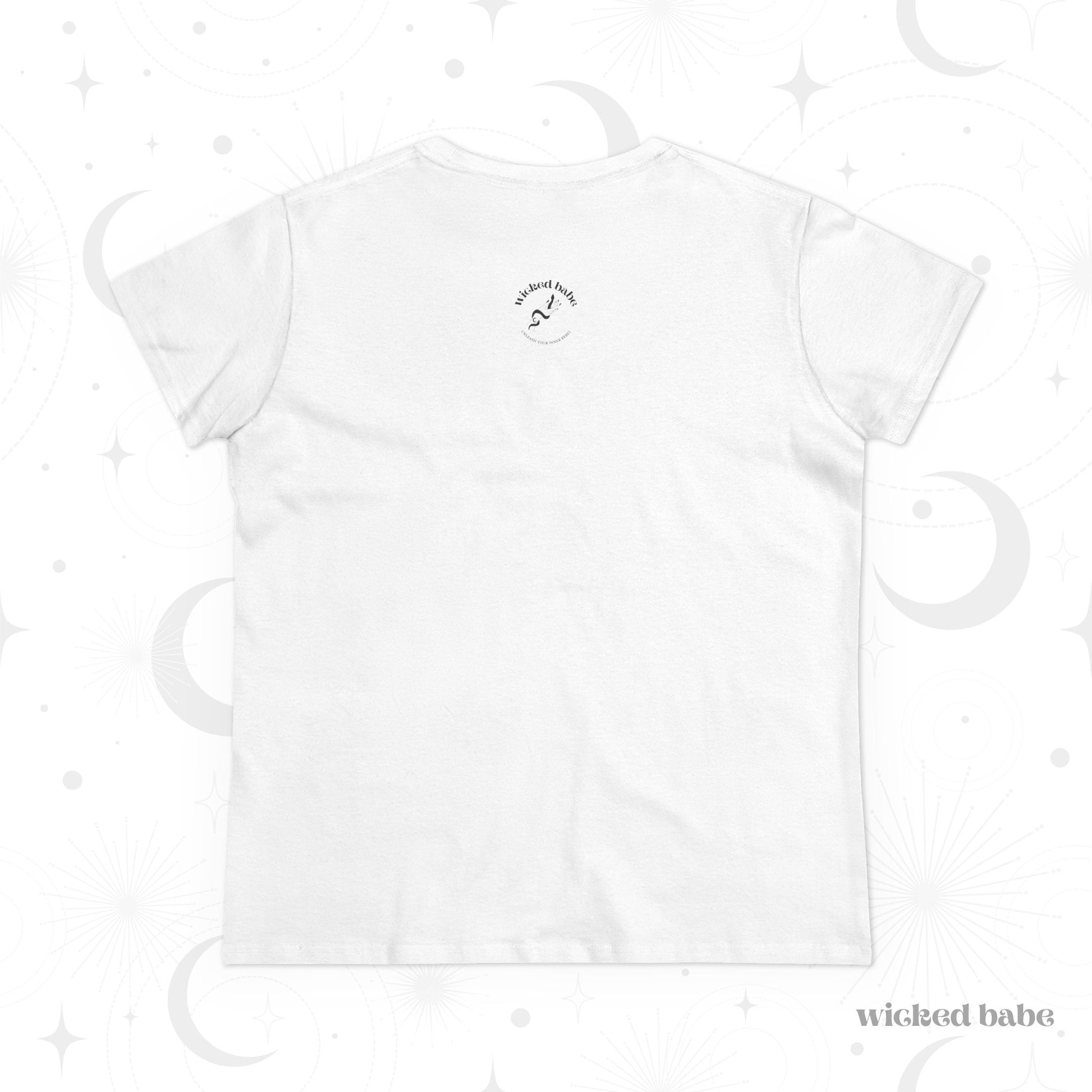 The back of a white crewneck short sleeve t-shirt with the wicked babe logo in black on the upper neck area