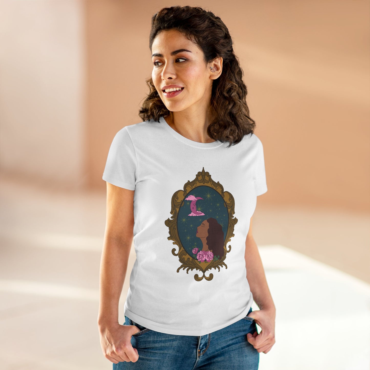 Moonlit Muse T-Shirt - Womens Celestial Graphic Tee, Semi-Fitted Cotton Shirt