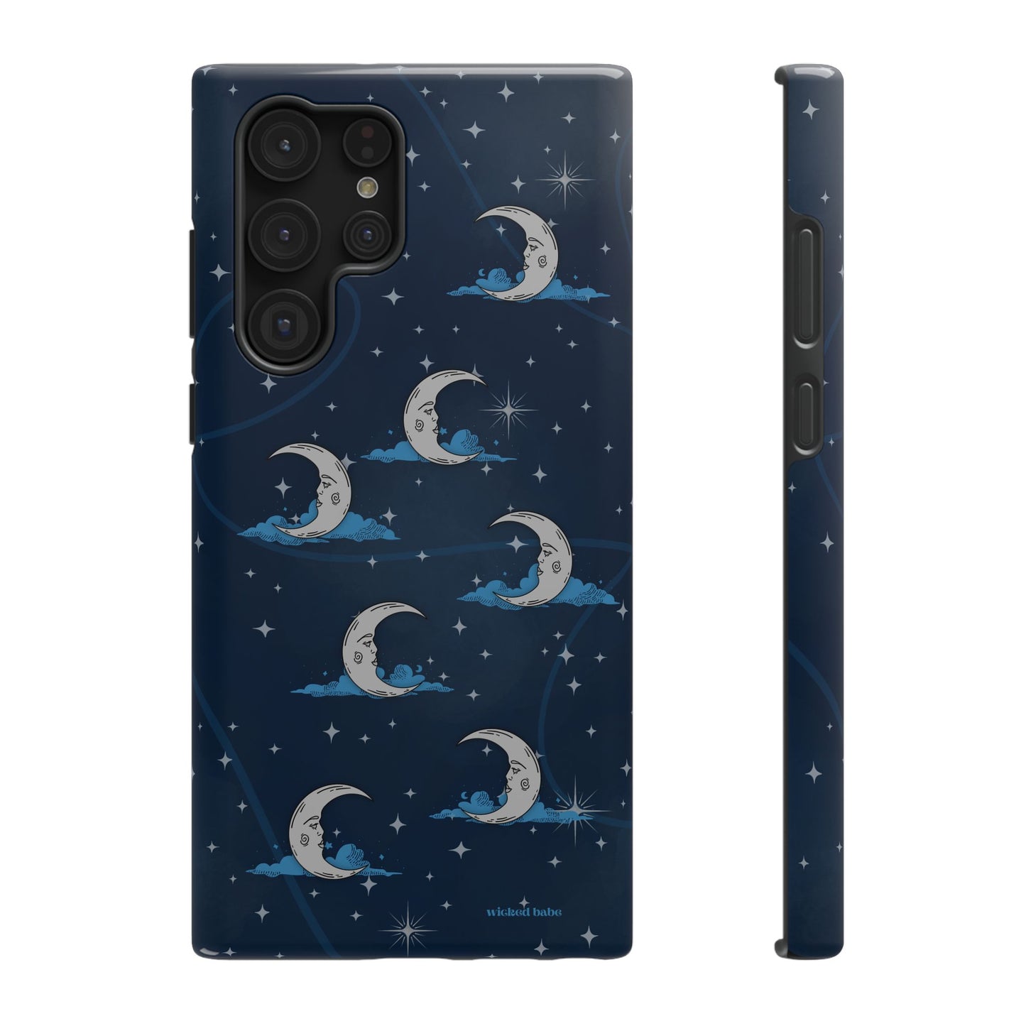 Whimsical Moonlit Sky Blue & Silver Phone Case - Celestial Moon and Stars iPhone Samsung