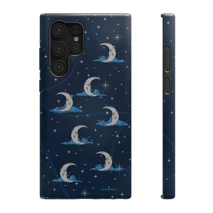 Whimsical Moonlit Sky Blue & Silver Phone Case - Celestial Moon and Stars iPhone Samsung