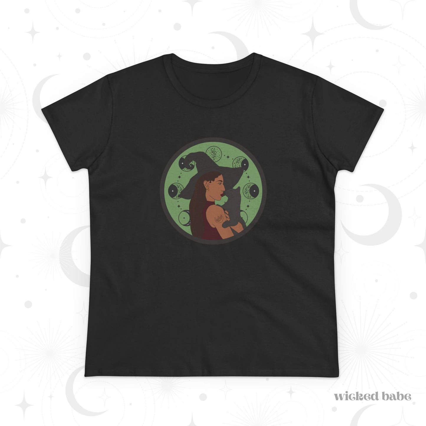Black short sleeve crew neck t-shirt featuring a design of a woman wearing a witch's hat holding a gray cat with moon phases on a green background