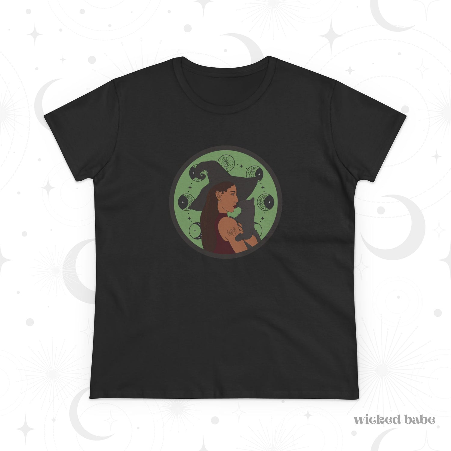 Black short sleeve crew neck t-shirt featuring a design of a woman wearing a witch's hat holding a gray cat with moon phases on a green background