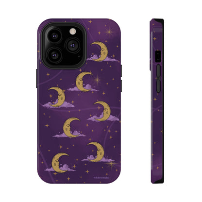 Mystical Moonlit Sky Purple & Gold Phone Case - Celestial Moon and Stars iPhone Samsung