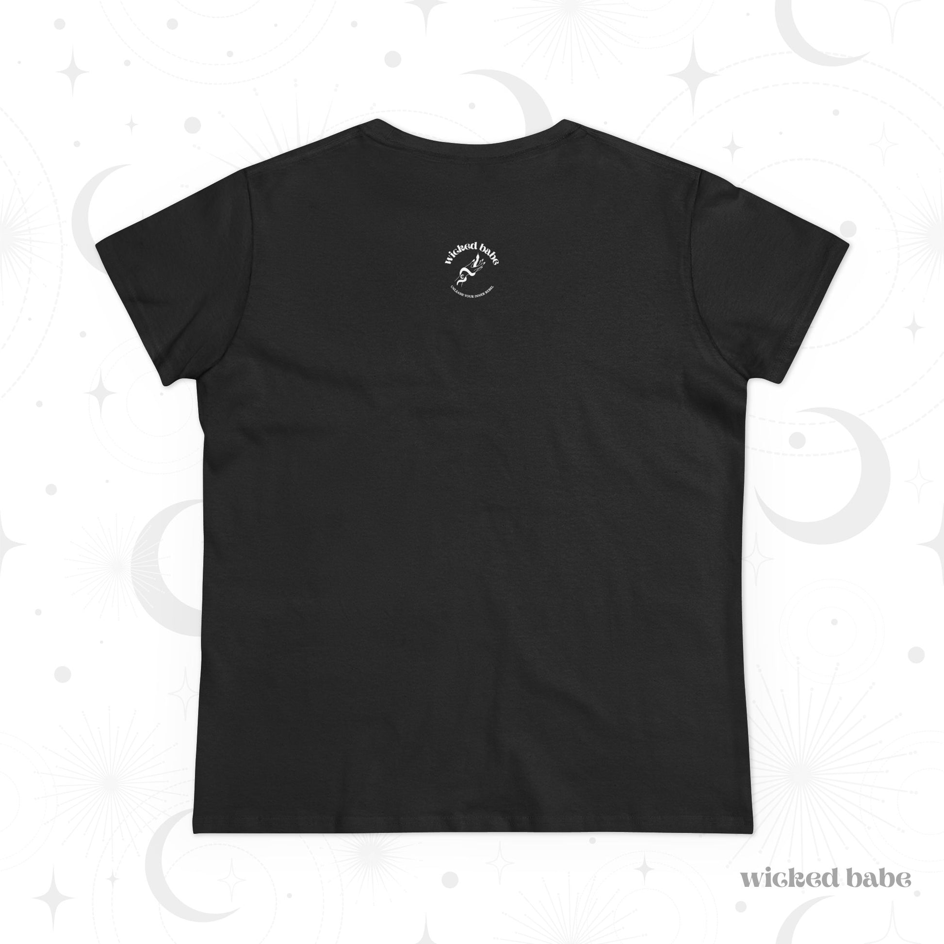 The back of a black crewneck short sleeve t-shirt with the wicked babe logo in white on the upper neck area