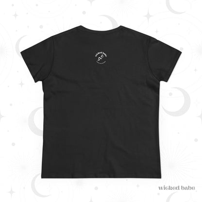 The back of a black crewneck short sleeve t-shirt with the wicked babe logo in white on the upper neck area