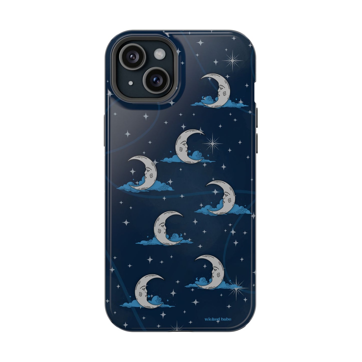 Whimsical Moonlit Sky Blue & Silver Phone Case - Celestial Moon and Stars iPhone Samsung