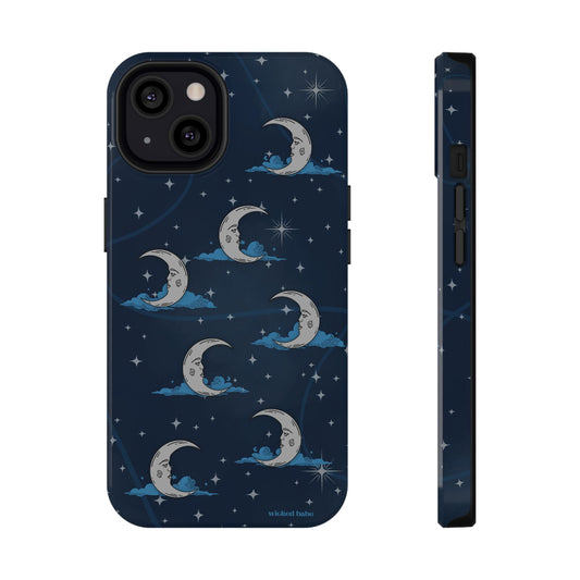 iPhone phone case featuring blue celestial sky with silver crescent moon and stars