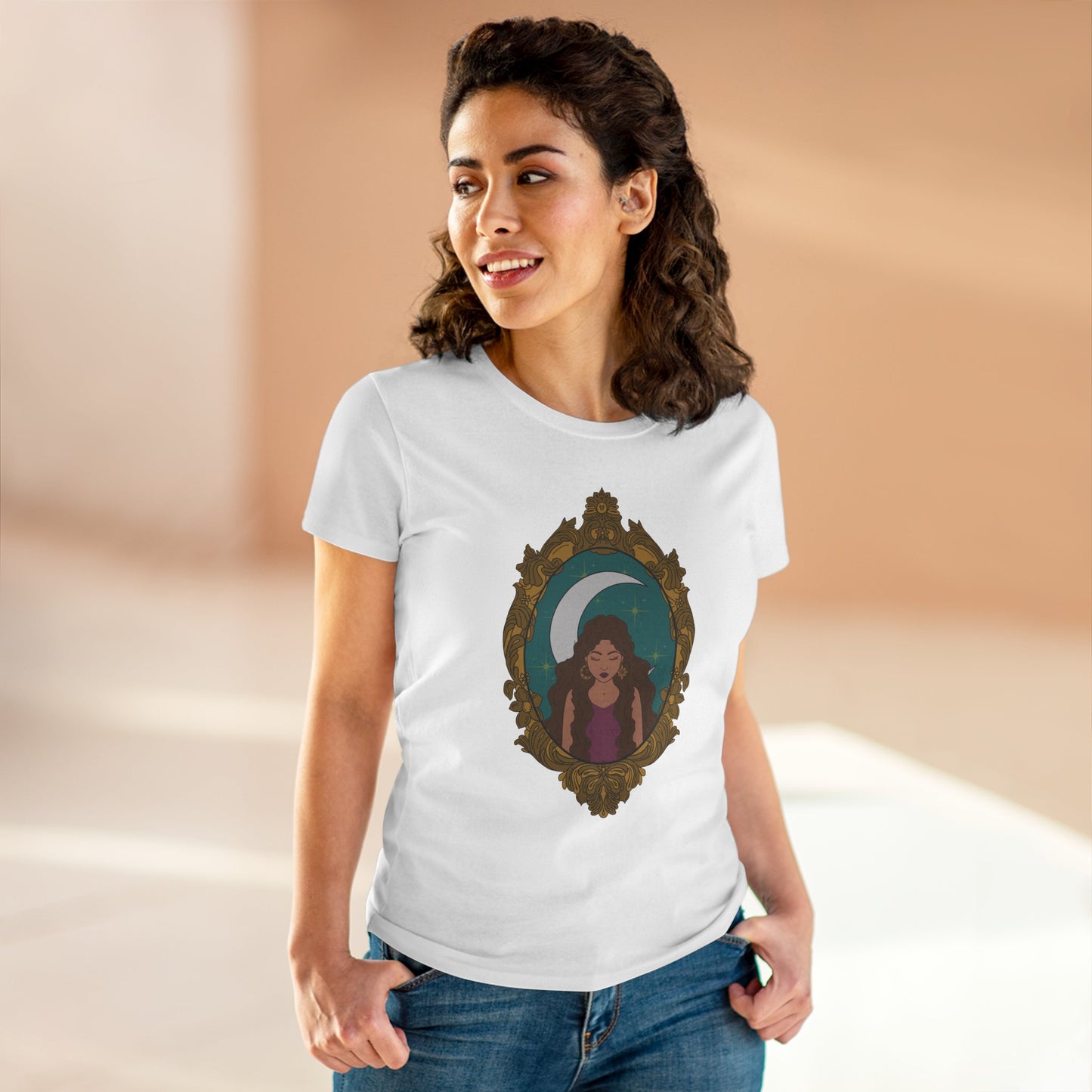 Mystical Moon Goddess T-Shirt - Womens Celestial Graphic Tee, Semi-Fitted Cotton Shirt