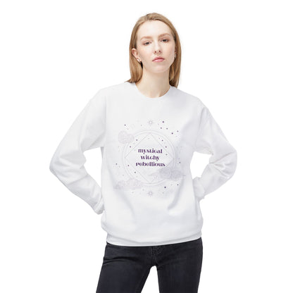 Woman wearing a white long sleeve crewneck sweatshirt with mystical witchy rebellious text in purple surrounded by clouds and stars