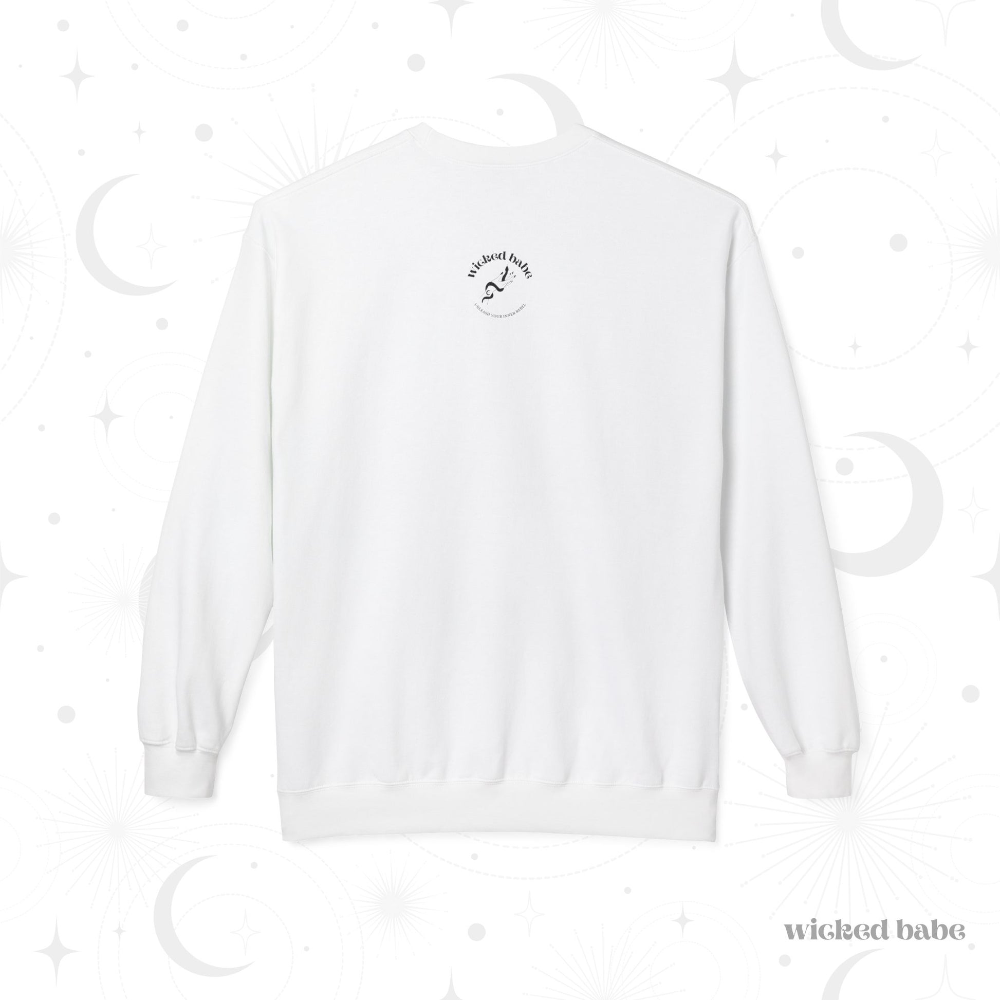 The back of a white long sleeve crewneck sweatshirt with a small black wicked babe hand with serpent logo in the upper center