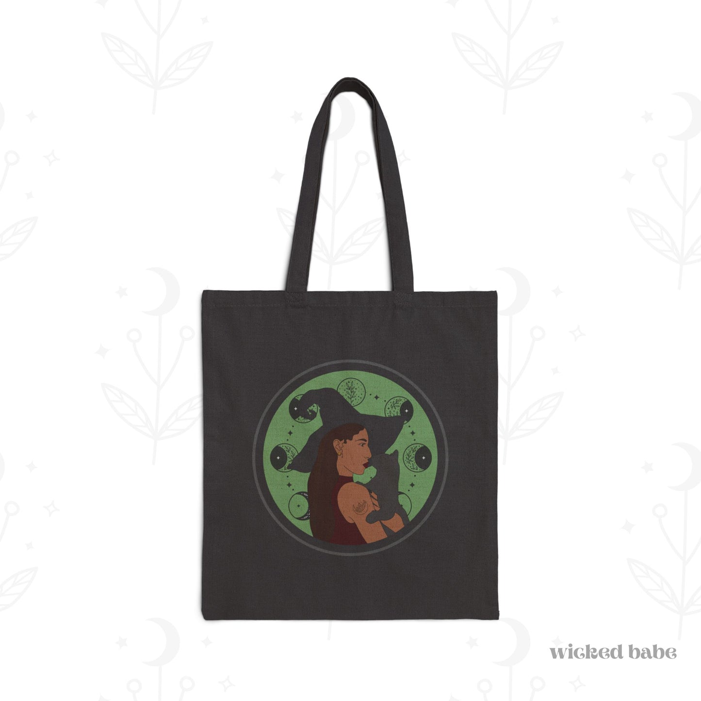 Witchy Woman Tote Bag - Celestial Witch and Black Cat Canvas Tote