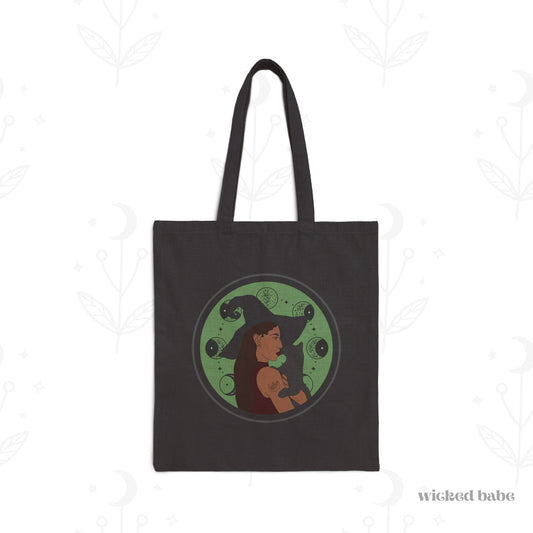 Witchy Woman Tote Bag - Celestial Witch and Black Cat Canvas Tote