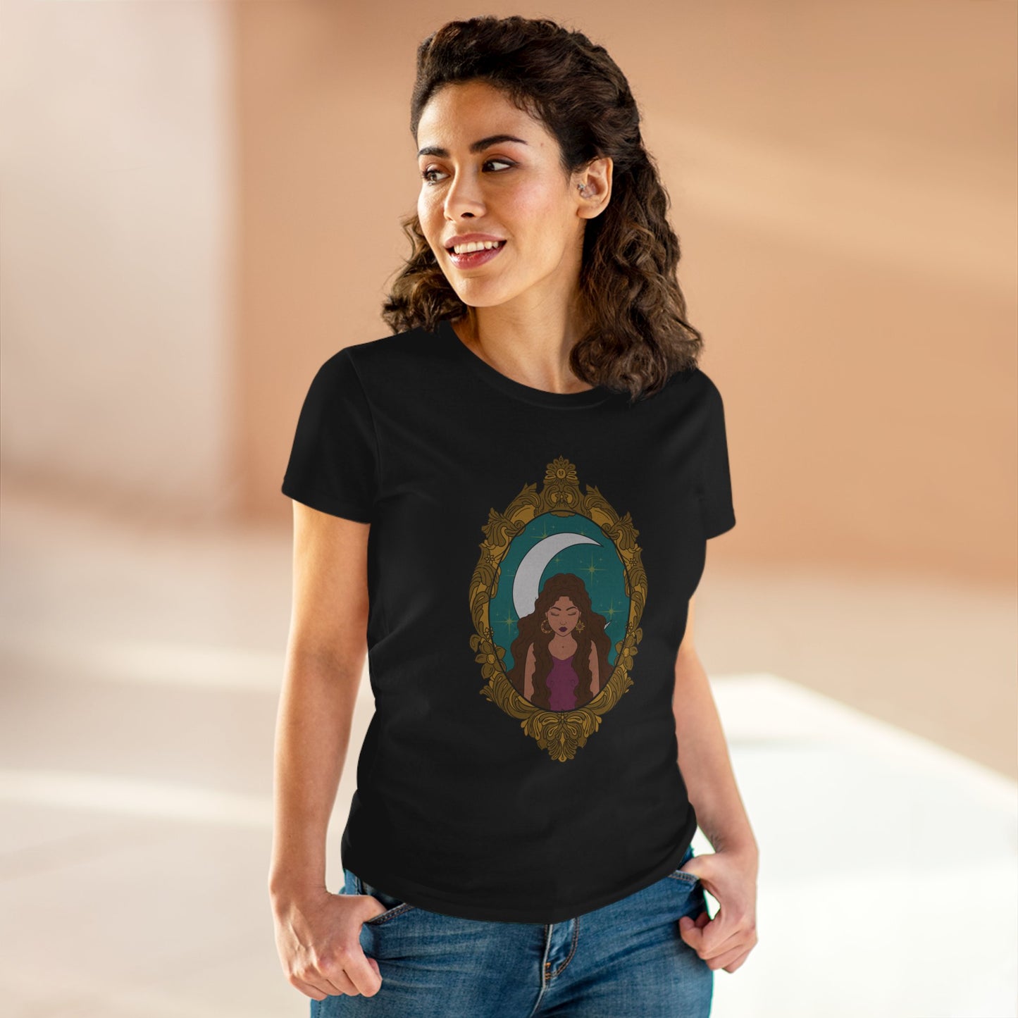 Mystical Moon Goddess T-Shirt - Womens Celestial Graphic Tee, Semi-Fitted Cotton Shirt