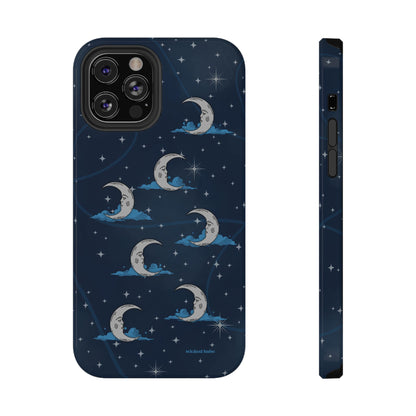 Whimsical Moonlit Sky Blue & Silver Phone Case - Celestial Moon and Stars iPhone Samsung